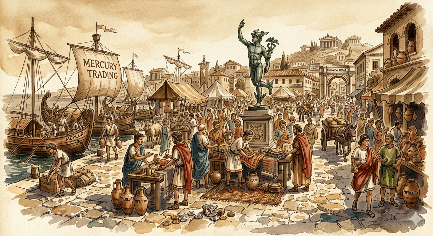 Mercury, god of commerce, in a Roman marketplace